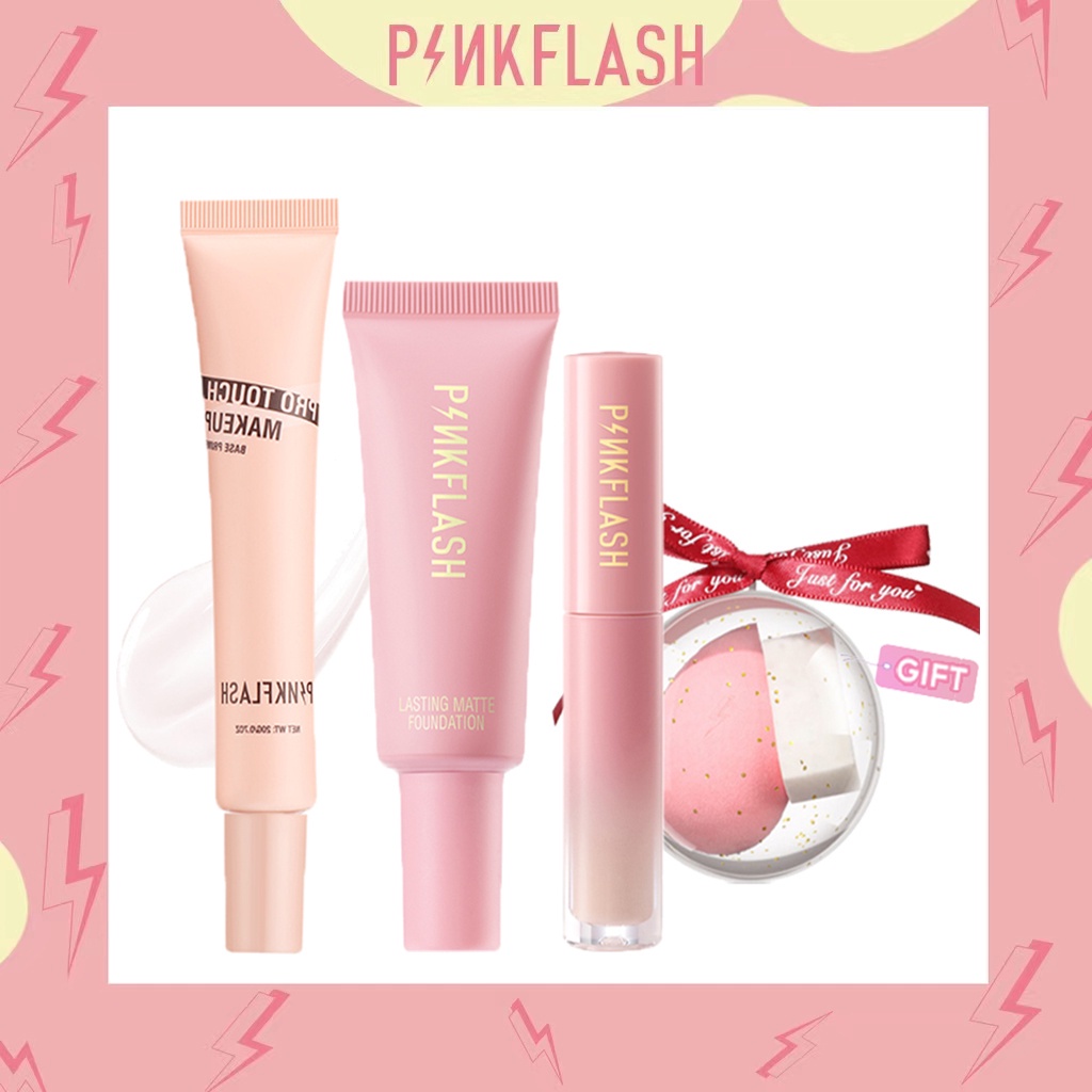 PINKFLASH 4 Pcs Foundaiton Makeup Set Matte Primer Foundation Concealer Perfect Natural Tahan sepanjang hari