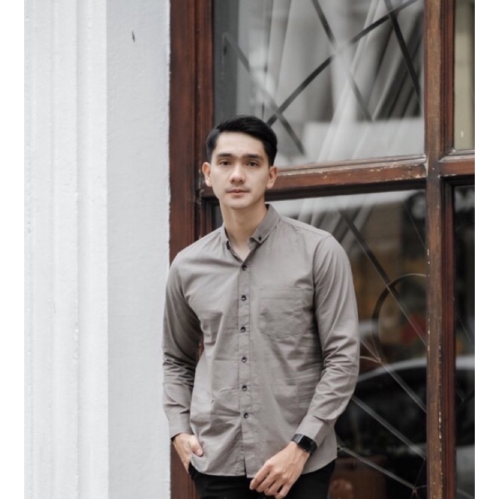 Kemeja Pria Cowok Polos Tangan Lengan Panjang Slimfit Casual Kantoran Murah Sale Premium Abu Gelap