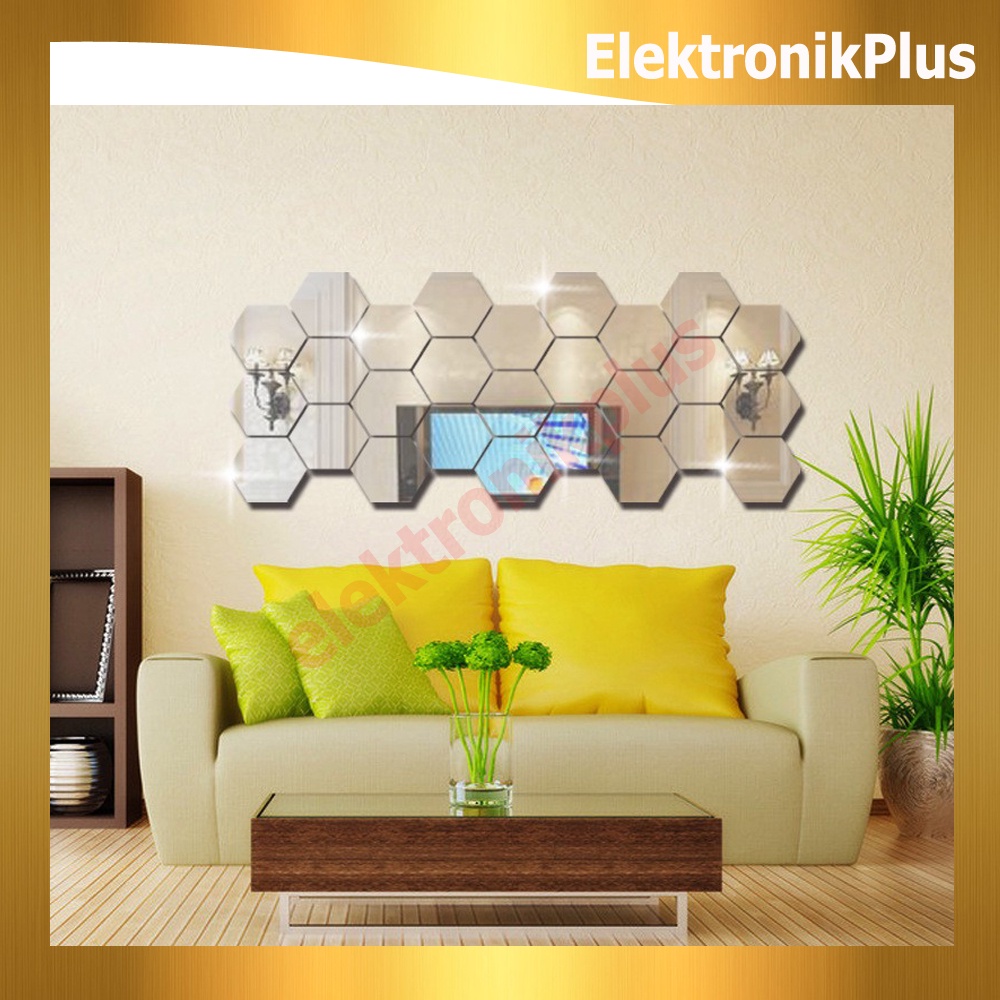 Sticker Dekorasi Dinding Hexagonal Cermin Acrylic 7 PCS - Silver