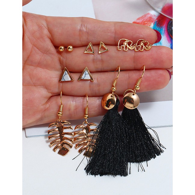 LRC Anting Set Fashion Gold Alloy Leaf Tassel Stud Earring Set F59122