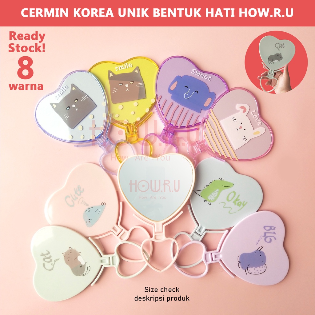 HOW.R.U | 23 x 15 cm - Cermin Meja Unik Korea Bentuk Hati Motif Karakter Lucu