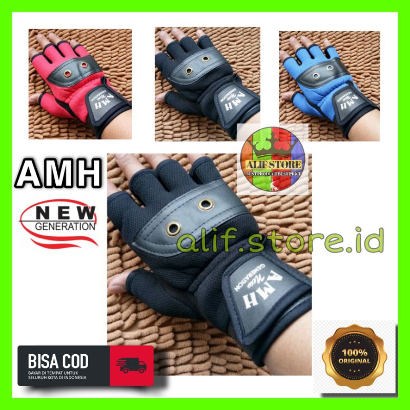 Sarung tangan velcro original AMH half dan full finger gowes motor fitness gym