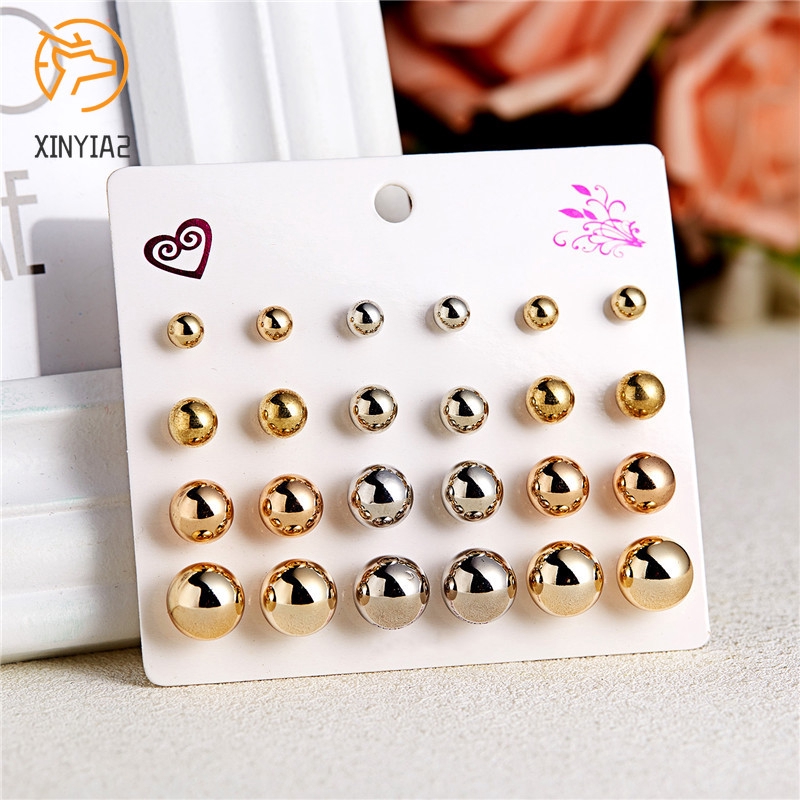 12 Pasang/Set Anting korea Tusuk Model Mutiara Intan Bentuk Bulat Gaya Korea Untuk Wanita Earrings piercing aksesoris wanita-1