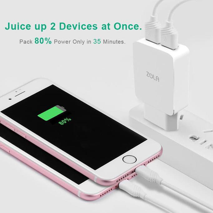 NEW- ZOLA Thunder 2Q Qualcomm Quick Charge 3.0 USB Charger 2 Output - White