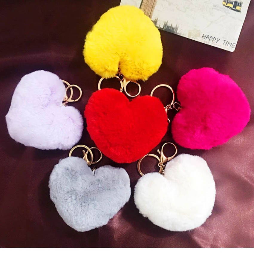 Gantungan Kunci Pom Pom Love Cinta Hati Keychain Berbulu Kelinci Bola Bulu Gantungan kunci Mobil Tas