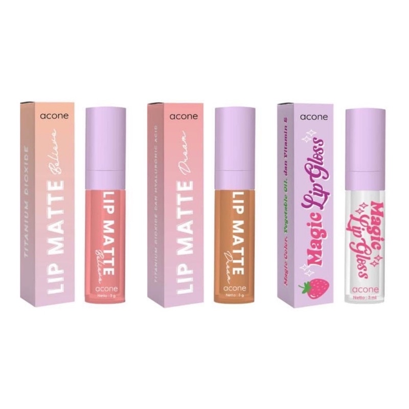 magic lipgloss acone / lip matte believe acone / lip matte dream acone