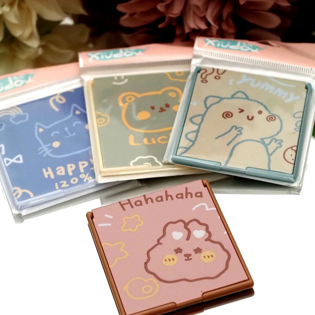 Cermin Lipat Kotak Saku Portable Mini Motif Animal Shabby Lucu Kaca Lipat Make Up Travel Aesthetic