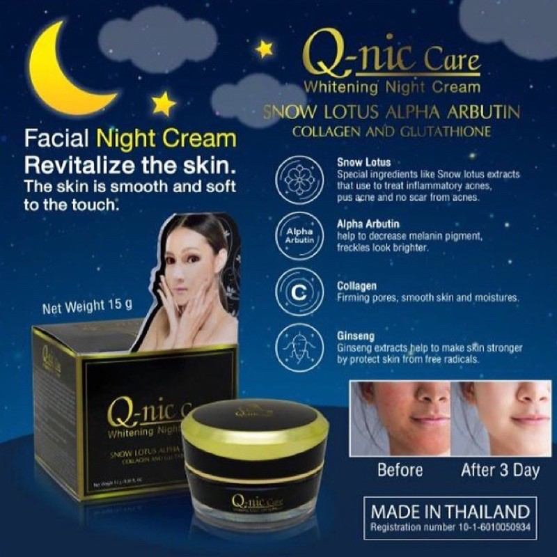 Q-nic care whitening night cream/cream pemutih/memudarkan flek hitam/menhilangkan bekas jerawat