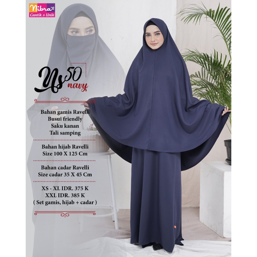 GAMIS NIBRAS SYAR'I NS 50 NAVY BAHAN RAVELLI SATU SET KHIMAR PLUS CADAR FASHION MUSLIMAH