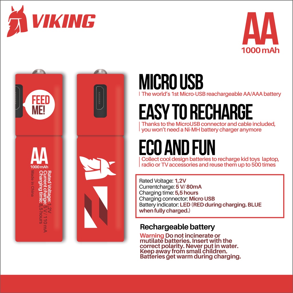 Viking Baterai AA Cas Micro USB Rechargeable Battery 1.2V 1000 mAh Batre Batrai Bisa Isi Daya Ulang Dicas