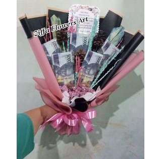 Buket Hampers + Bunga kering ( replika uang / uang mainan) / Buket Ultah / Kado wisuda