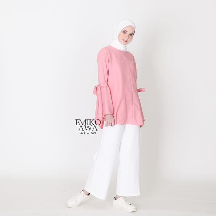 Blus Wanita Model Tunik Dengan Bahan Katun Linen Dan Hiasan  6218UU Blouse Wanita Korea Pearl - Emi