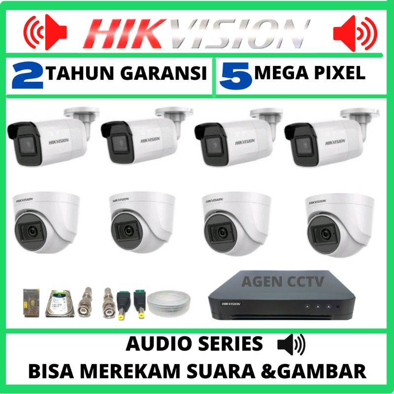 PAKET CCTV HIKVISION 8 CHANNEL 8 KAMERA 5MP AUDIO SERIES 5MP  BISA MEREKAM SUARA DAN GAMBAR