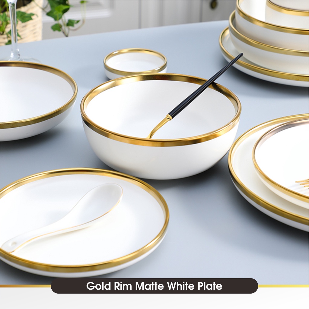 Set 9 &amp; 26 PCS Piring Mangkok Makan Putih Keramik Pinggiran Emas Cantik Ceramic Mewah Western Steak Gold Rim Plate