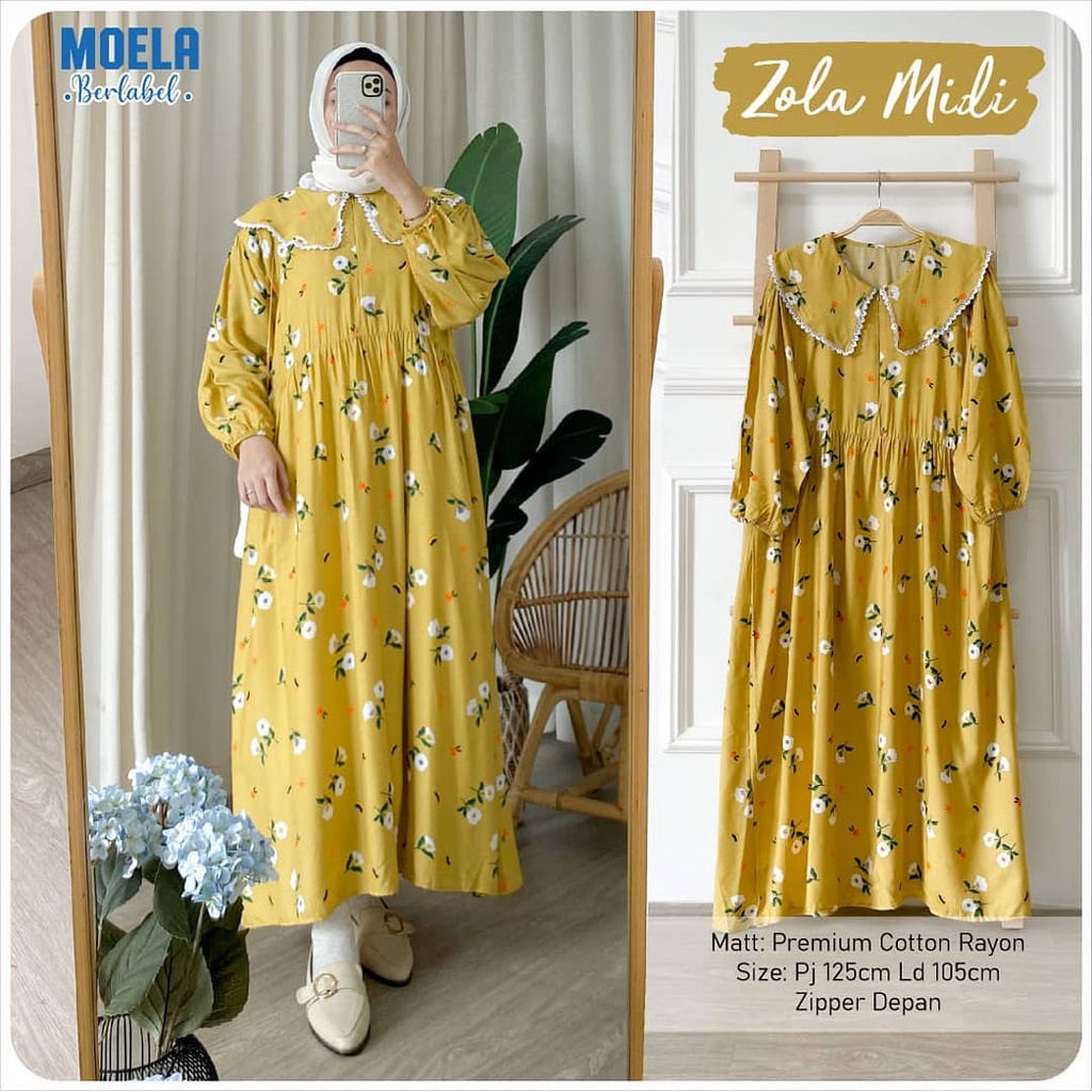 Midi dress/ midi dress rayon/ midi dress jumbo/ midi dress muslim / Dress muslimah / midi dress ld 120cm / dress jumbo/ midi dres/ dress rayon-zola kuning midi