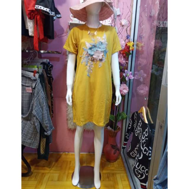 READY CASUAL DRESS BAHAN KAOS IMPORT BUNGA BORDIR TIMBUL / IMPORT DRESS LENGAN MIDI / DRES BKK jumbo
