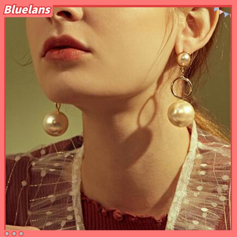 Anting Stud Panjang Bentuk Lingkaran Besar Aksen Mutiara Tiruan Untuk Wanita