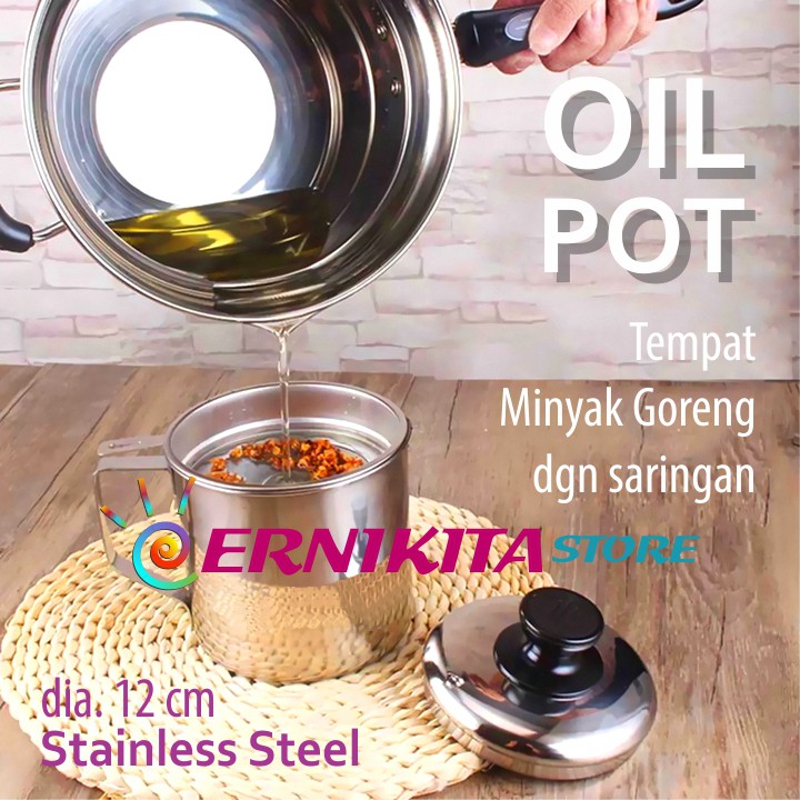 OIL POT KOMODO STAINLESS 1.1 L TEBAL WITH STRAINER - Mug Saringan Penampung Minyak Goreng