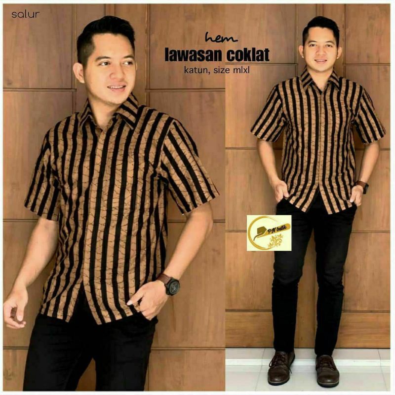 KEMEJA BATIK PRIA LENGAN PENDEK LAWASAN COKLAT MOTIF SALUR HEM BATIK SERAGAM KERJA BATIK BATIK