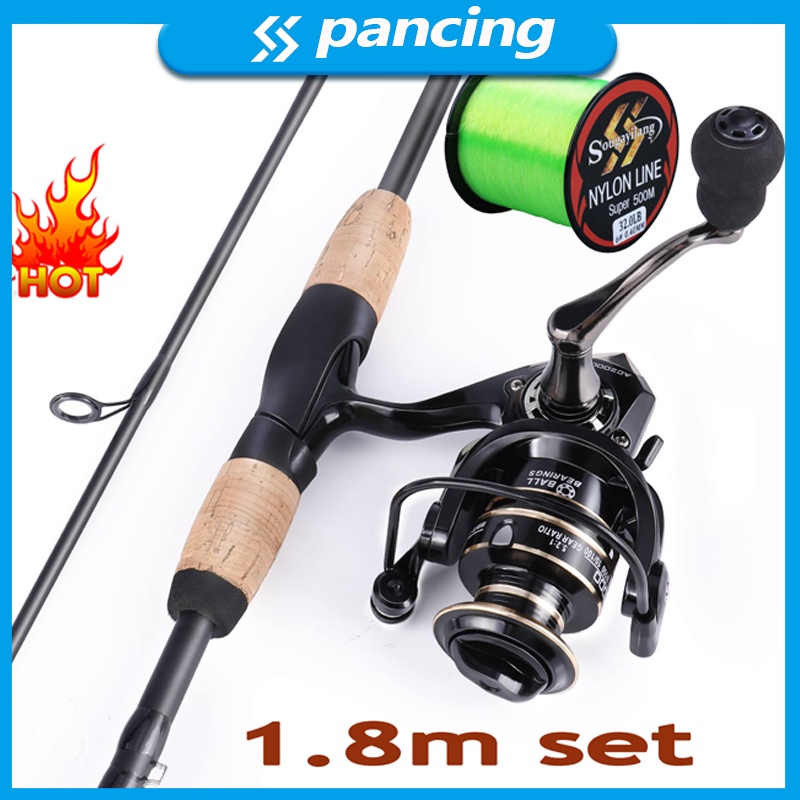 Joran Pancing Set 1.8m/6ft Spinning Fishing Rod Super Strong with Cork Wood Handle Fishing Reel Combos Max Drag 10kg