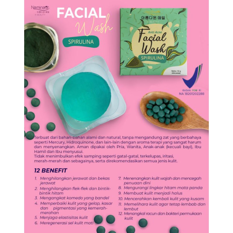 Sabun Naminara facial Wash Spirulina Mengatasi jerawat dan komedo 50 gr