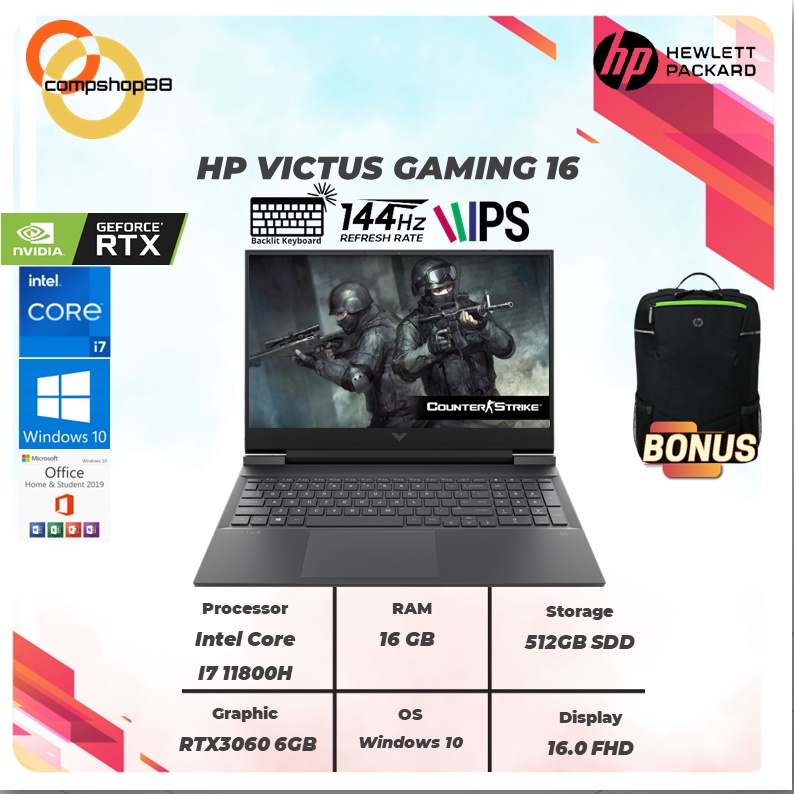 laptop gaming hp victus gaming 16 d0107tx i7 11800h 16gb 512ssd rtx3060 6gb w10 ohs 16 0fhd ips 144h