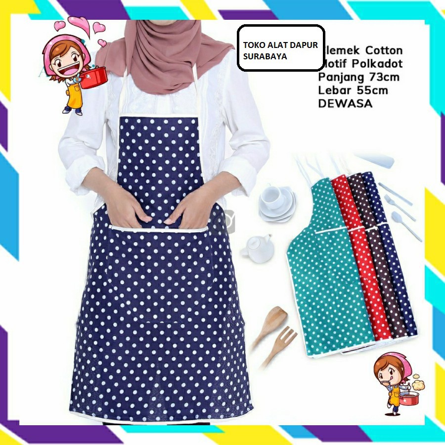 Apron Celemek Masak Kain Cotton Katun Polkadot Dewasa Panjang