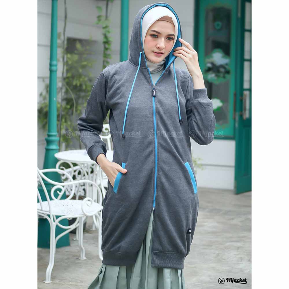 Jaket Hijacket Panjang Wanita Cewek Long Jacket Cwe Hoodie Polos Hijaber Cewe Muslimah Basic Terbaru-Abu Tua + Turkish
