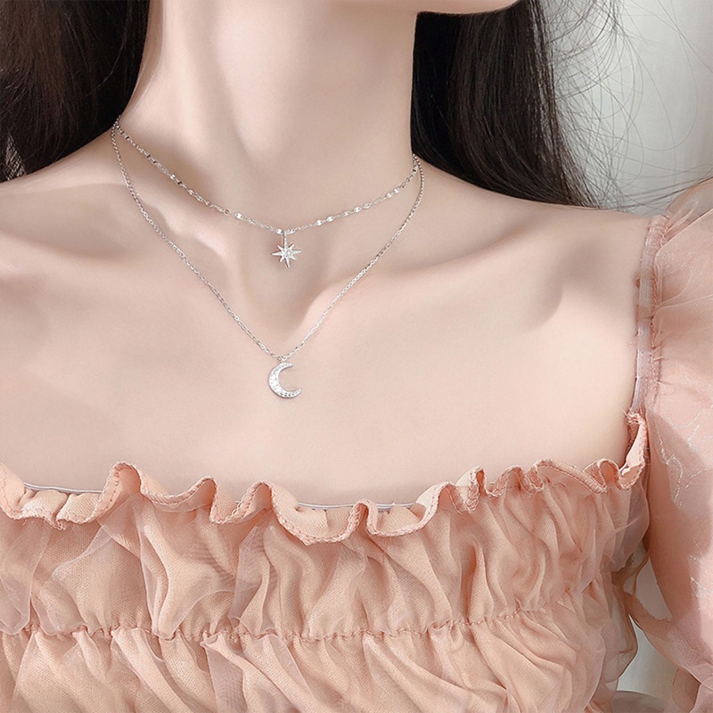 Kalung Choker Bahan 925 Sterling Silver Model Double Layer Aksen Bintang Dan Bulan Untuk Wanita