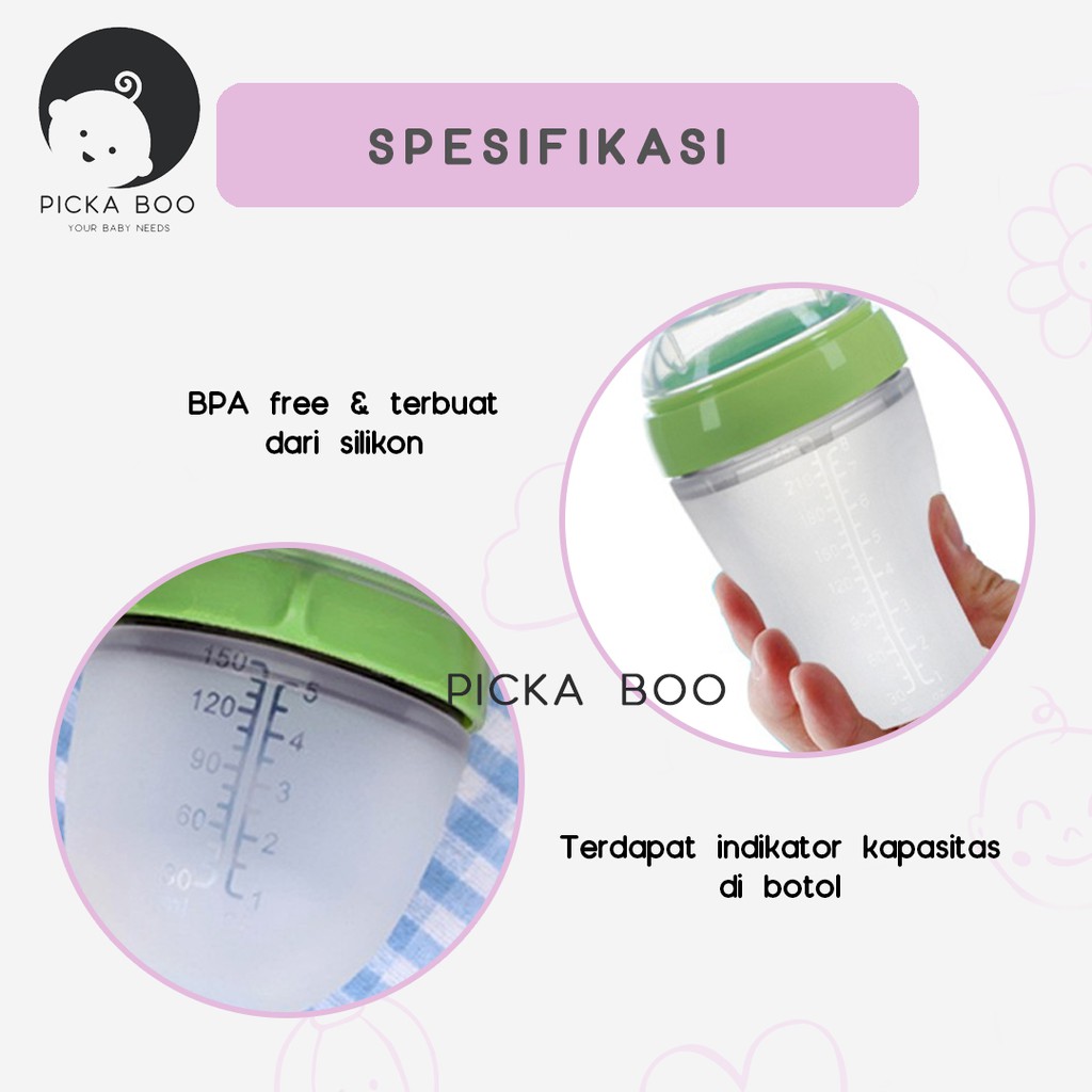 PICKA BOO Premium Botol Dot Silikon 150ml / 250ml Botol Susu Bayi Wide Neck Silicone Food Grade Tahan Panas Wideneck