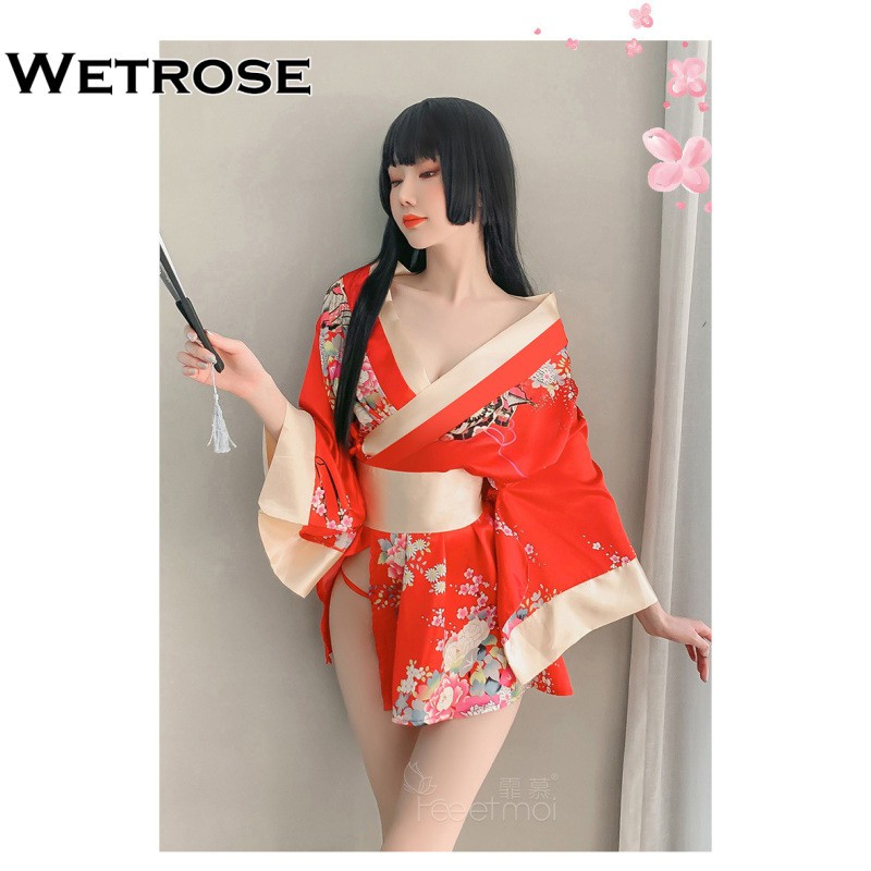 【Wetrose】Sexy Deep V Print Sexy Cosplay Japanese Kimono Elegant Charming Robe Lingerie Suit