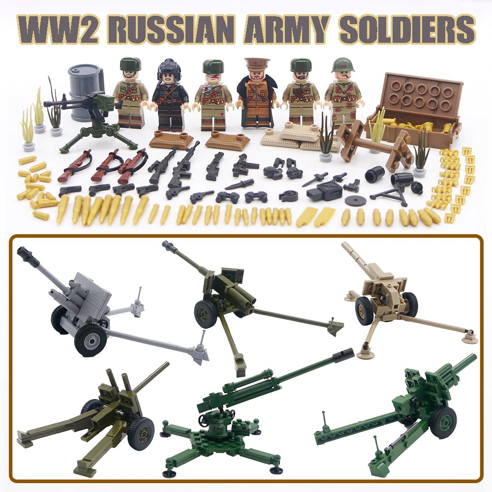 Mainan Lego LegoINGlys Army WW2 Building Blocks Military Soviet Soldiers Figure Set Vehicle Tank