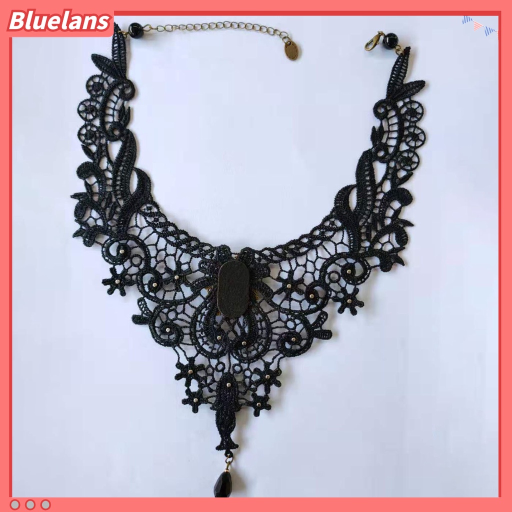 Kalung Choker Adjustable Model Hollow Out Aksen Renda Warna Hitam Untuk Wanita