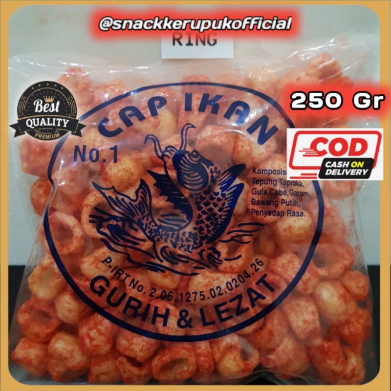 

Snack Kerupuk Model Ring Cap Ikan Keripik Pedas Balado 250 Gr