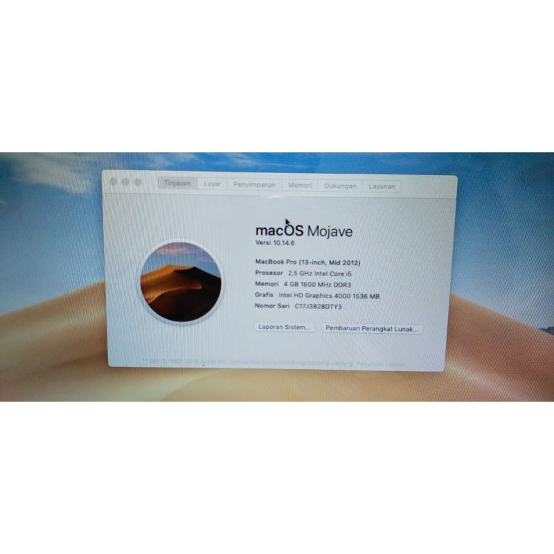 MACBOOK PRO 2012 OS MOJAVE MD101 13 IN RAM 4 ini GB 500gb hdd