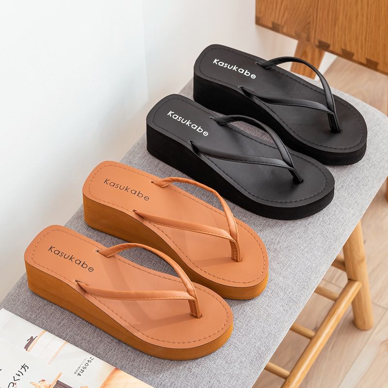 Senfu Sandal Jepit Wanita In Tide Musim Panas Baru Permukaan Kulit Non-Slip Clip-On Sandal dan Sandal Sepatu Hak Baji Tebal Bawah Pantai Tarik Pakaian Luar