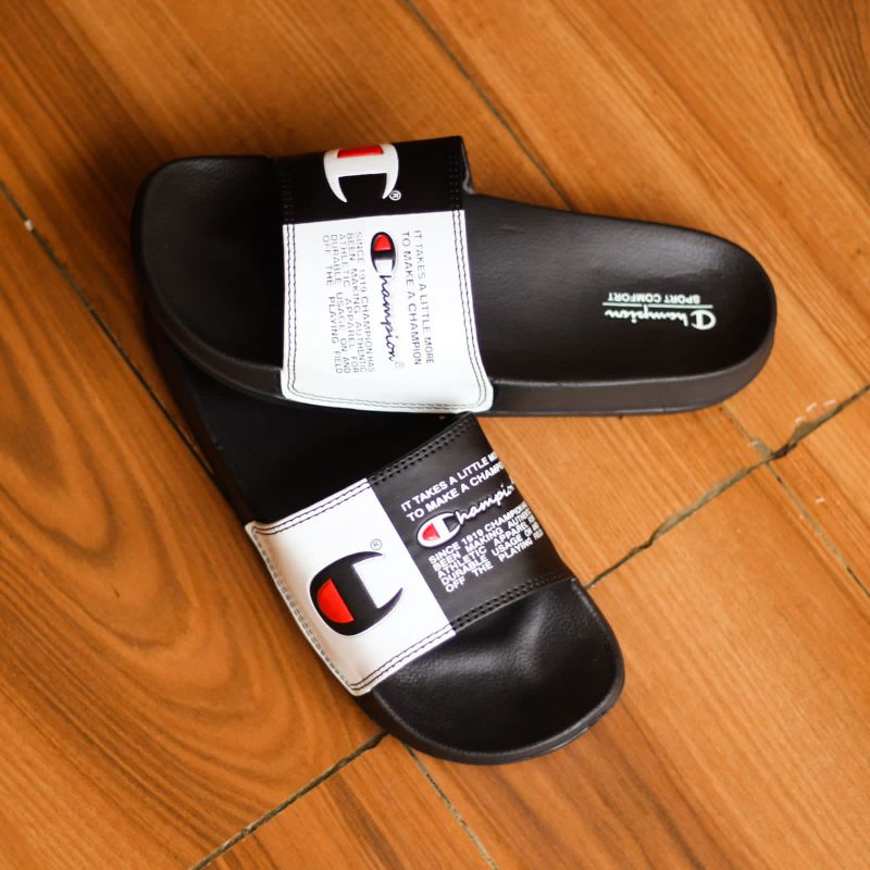 Sandal Slop Champion unisex terbaru original BNWB-Black white skript