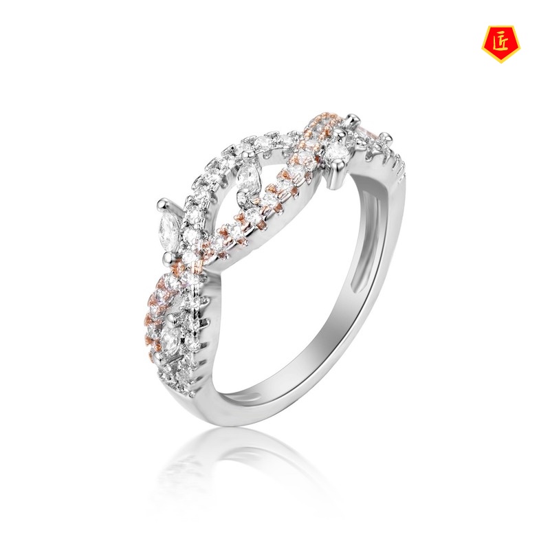 [Ready Stock]Twisted String Leaf Shaped Diamond-Studded Ring 14K Rose Gold