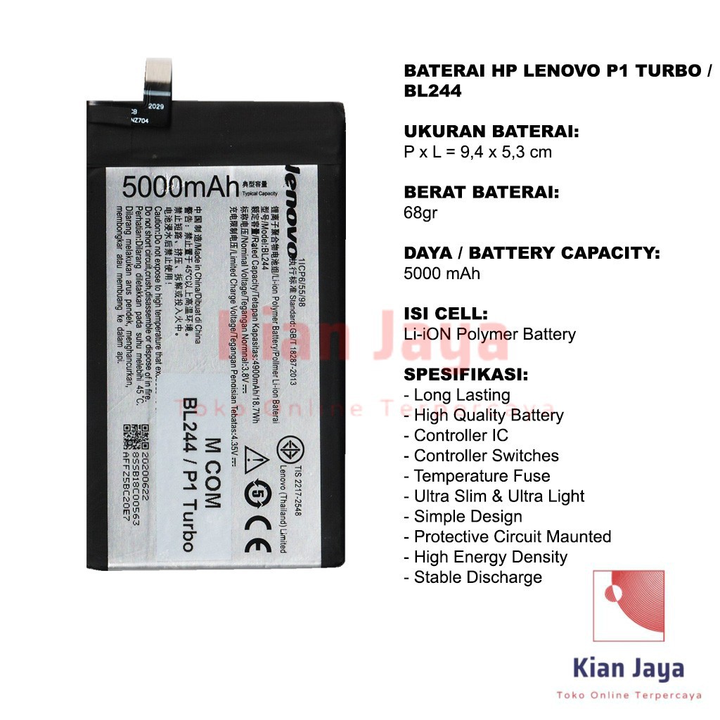 MCOM Baterai Hp Lenovo P1 Turbo / BL244 Original Double Power Batre Batrai Battery Ori