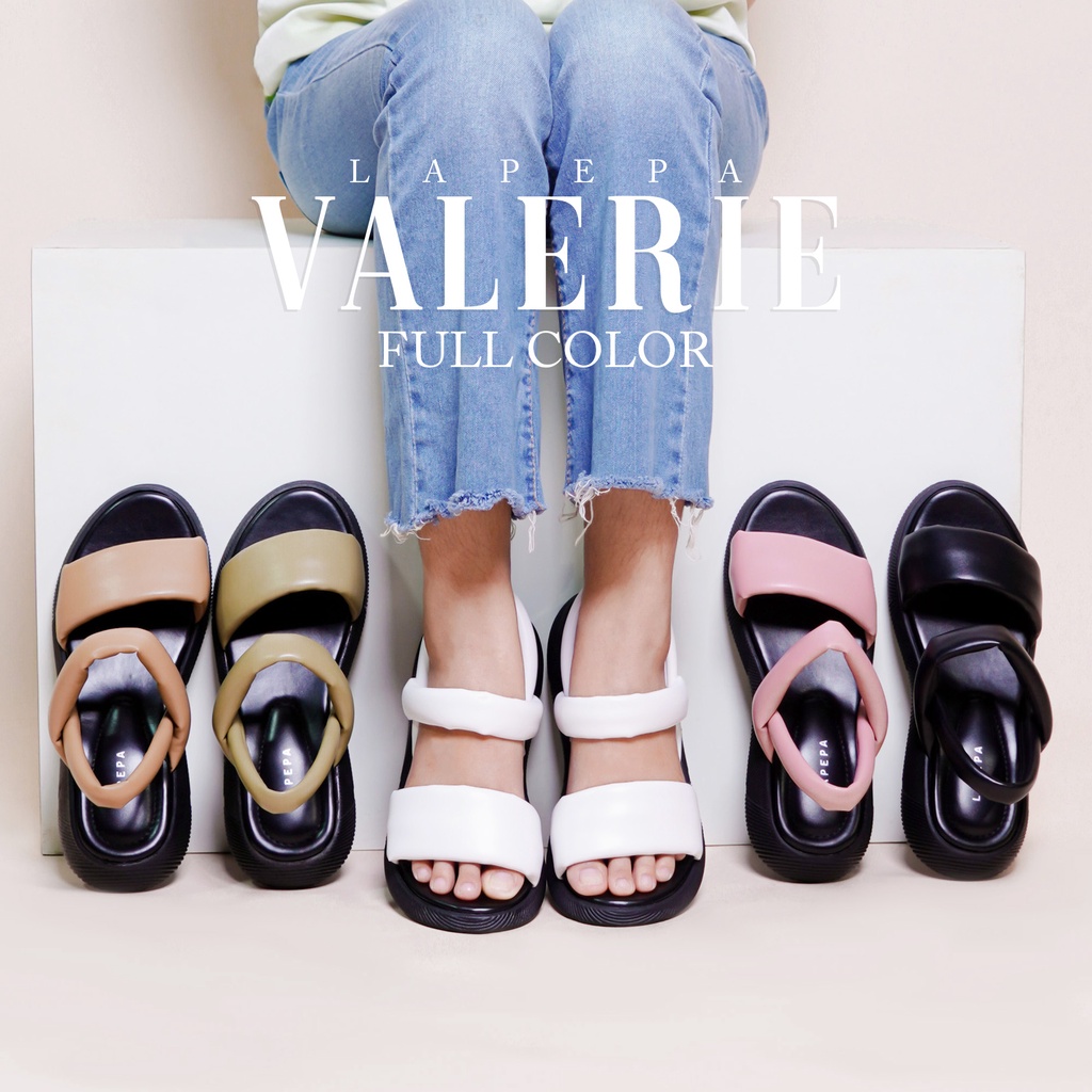 LAPEPA YUK -  Sepatu Sandal Wanita Wedges VALERIE Model Ban dua Tali Strap belakang Hak Tinggi Sole 4 cm Spatu Sendal Gunung Cewek  Size 36 37 38 39 40 41 Warna Putih White Cewe Kekinian Premium Terbaru Shoes Ori Original Mall Official Store Promo