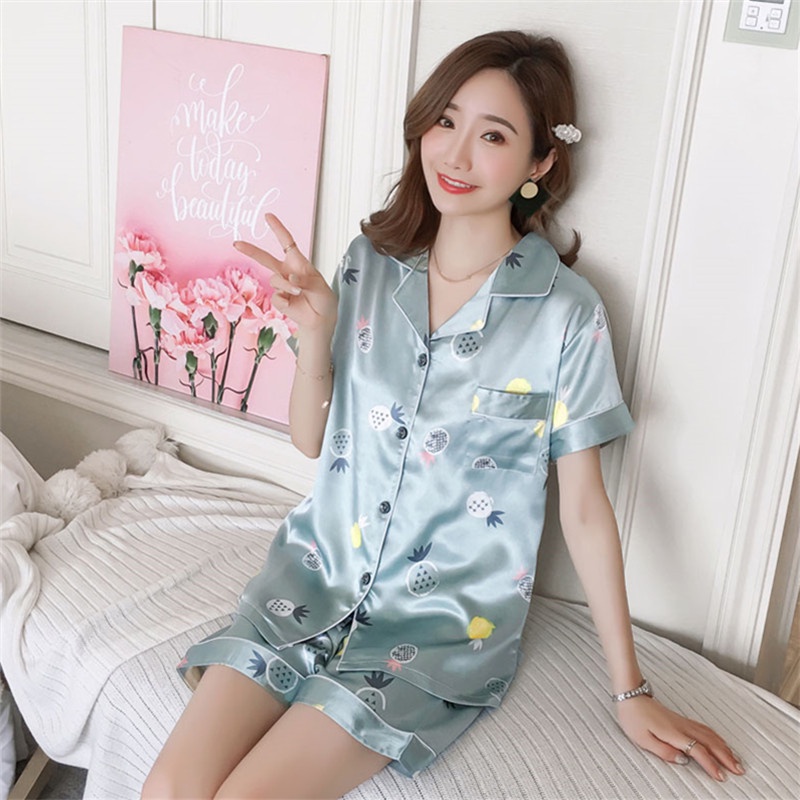 Lovera Baju Tidur Wanita Dewasa Model Kemeja Bahan Satin HP Lengan Pendek Celana Pendek Import High Quality Sleepwear-Green Pineapple