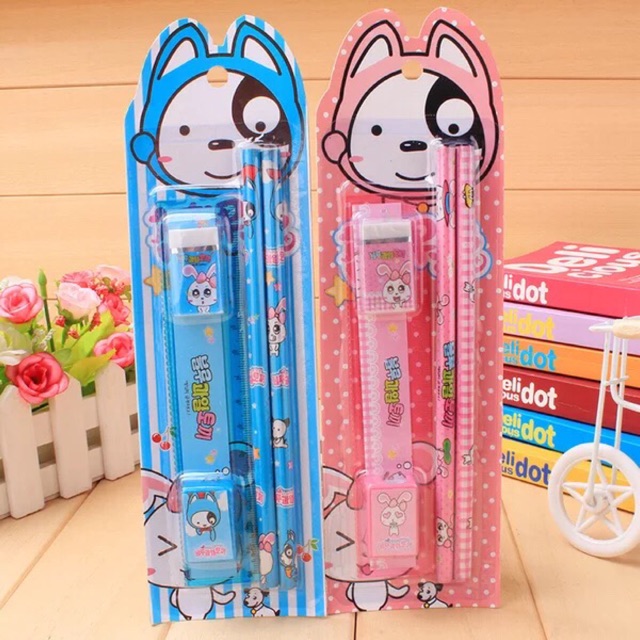 

HAPPYMAMA - HP017 - ALAT TULIS SET STATIONARY SET PINK BIRU SOUVENIR GOODIES PENGHAPUS PENCIL PERAUT