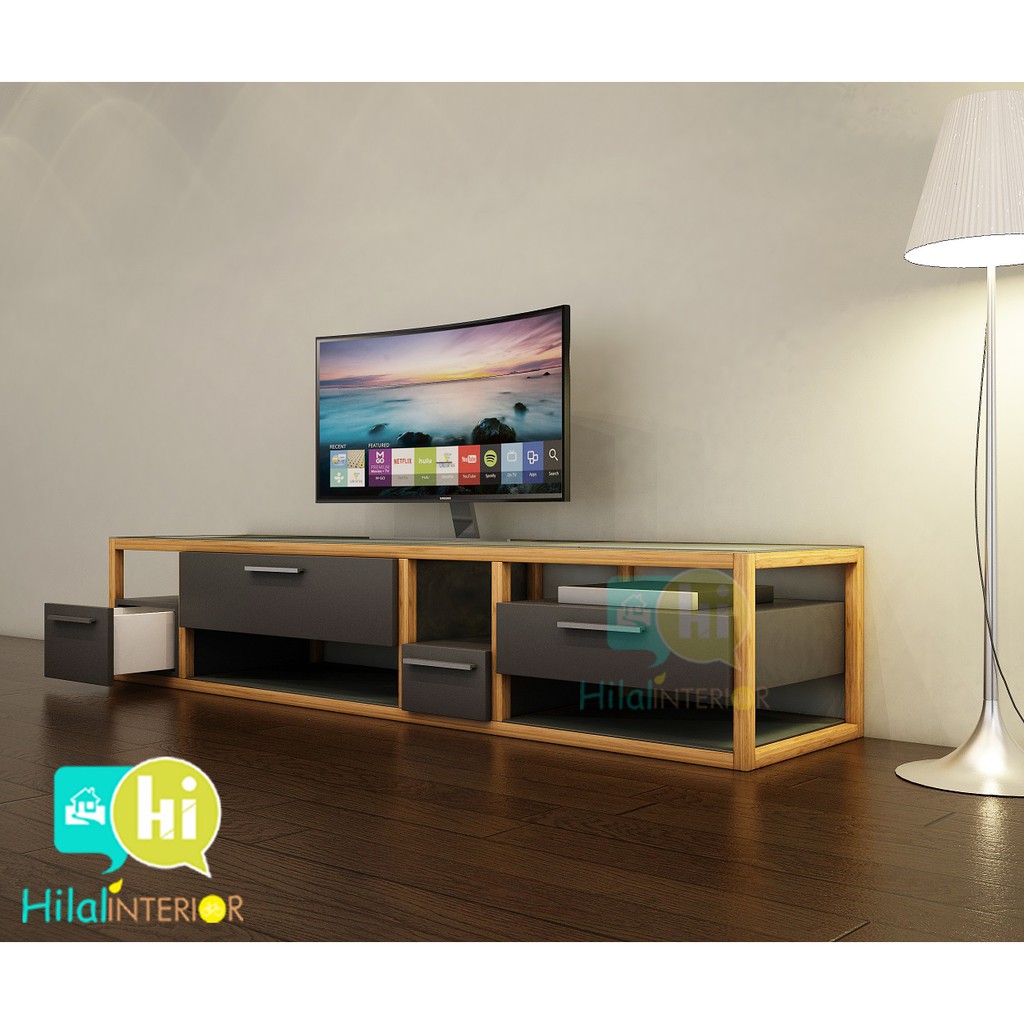 MEJA TV-SABINE, Kayu/Multiplek, Kaca Polos 8 mm, Fin. Taco HPL & Duco Abu-abu doff