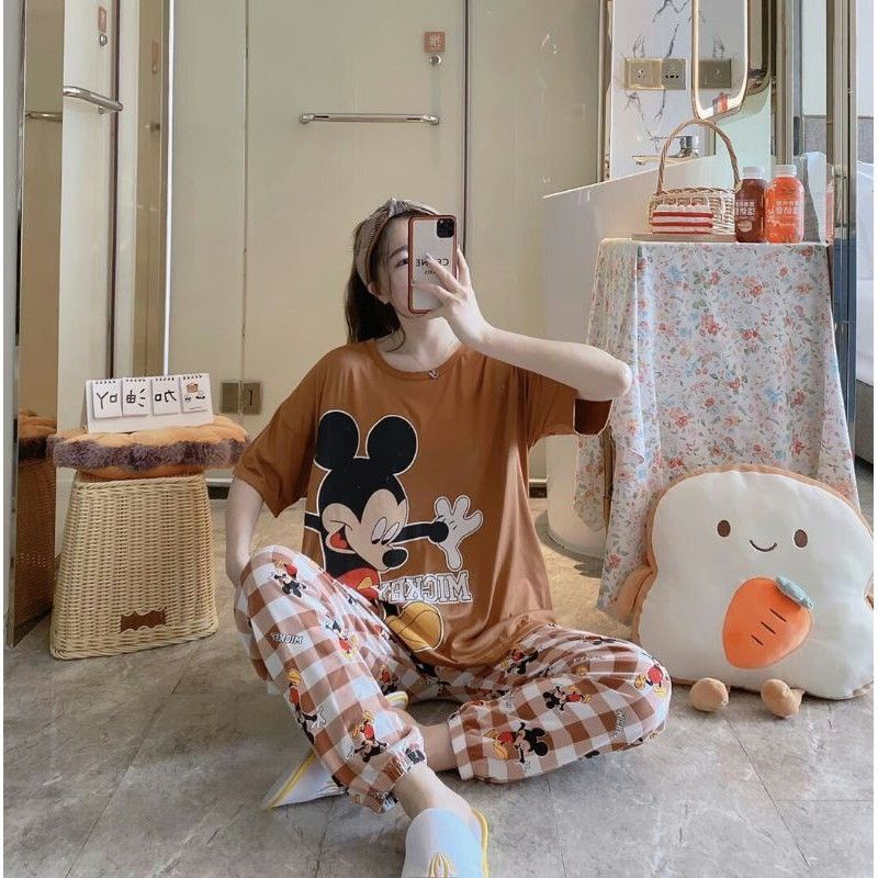Baju Tidur Wanita Piyama Import CP Joger Micky Coklat