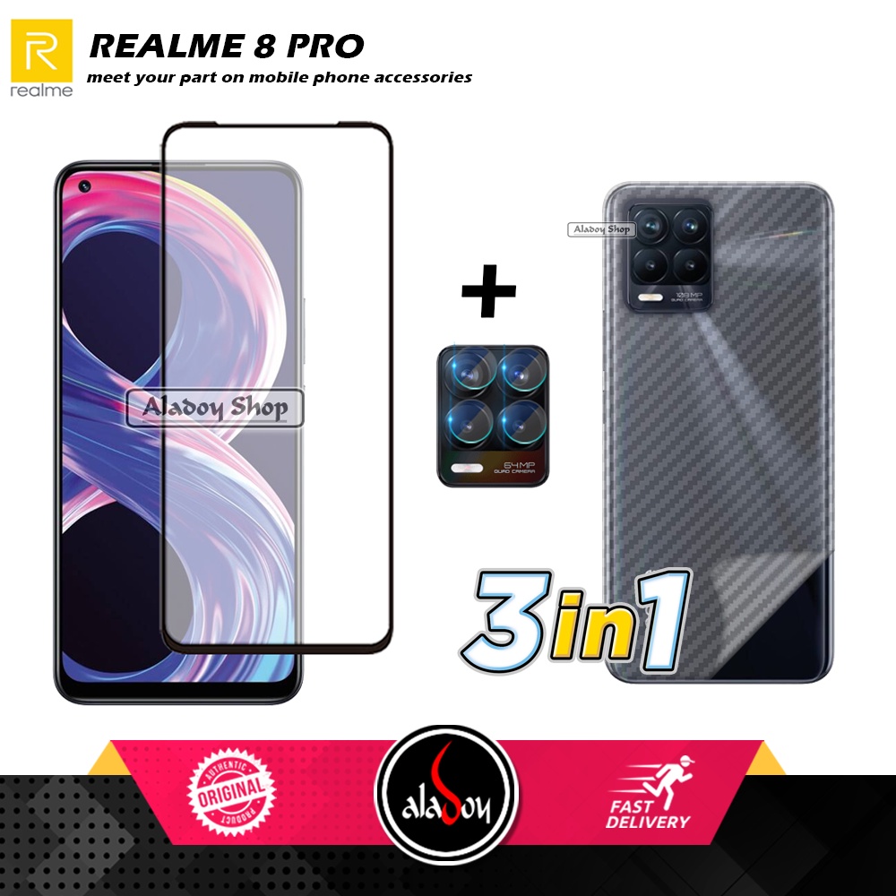 PAKET 3 IN 1 Tempered Glass Layar Realme 8 Pro 2021 Free Tempered Glass Camera dan Skin Carbon