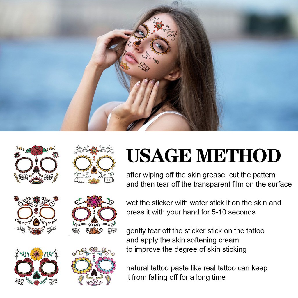 Halloween Face Tattoos Temporary Floral Skull Tattoos Masquerade Party Makeup Patch Stickers Set For Shopee Indonesia