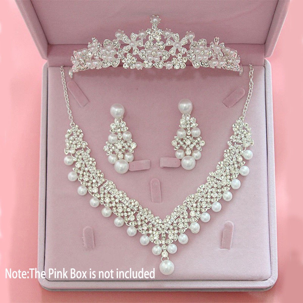 Set Mahkota+Anting+Kalung Hias Berlian Imitasi+Mutiara untuk Pengantin