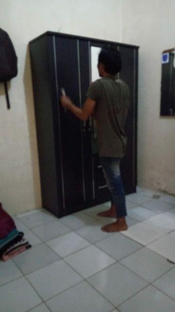 Lemari Pakaian 3 Pintu Tarik Hitam Dengan Cermin Dan Laci - Lunar Lpt 316 P
