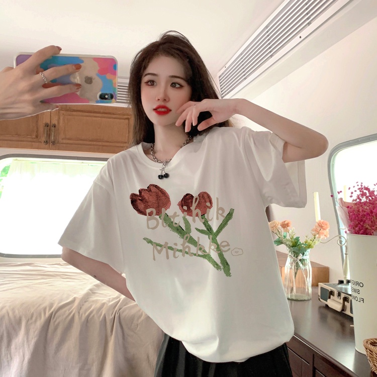 XIAOZHAINV Kaos Atasan Wanita Tulip Pattern Lengan Pendek Hitam 0005