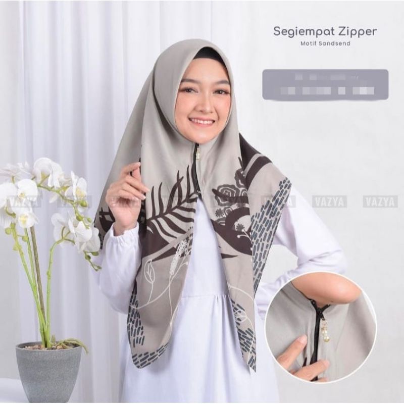 Hijab ziper motif bahan voal laser di bagian bawah